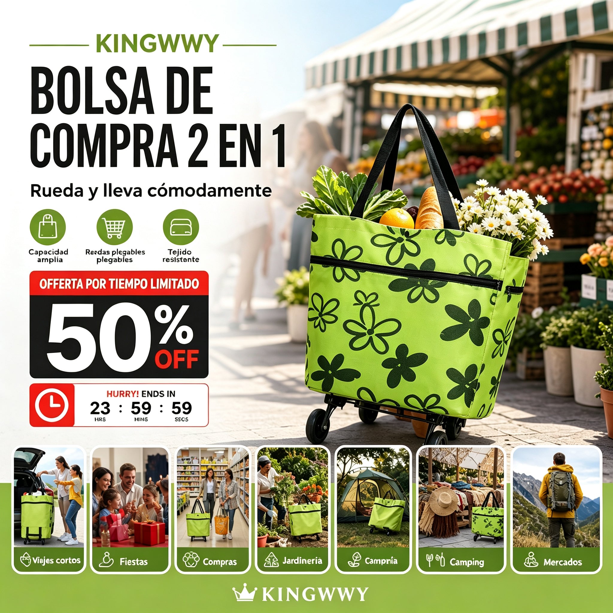 🛒 Carrito de compras plegable 2 en 1 – Tu aliado ligero y multifunción 🛍️✨