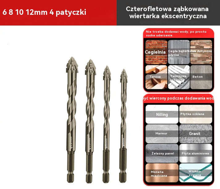 【6+8+10+12mm】1 zestaw | Zestaw 4-ostrzowych wierteł mimośrodowych o wysokiej wytrzymałości