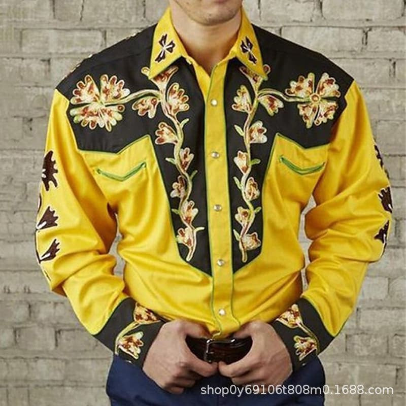 💥【S-3XL】Camisa de manga larga para hombre con estampado floral vintage