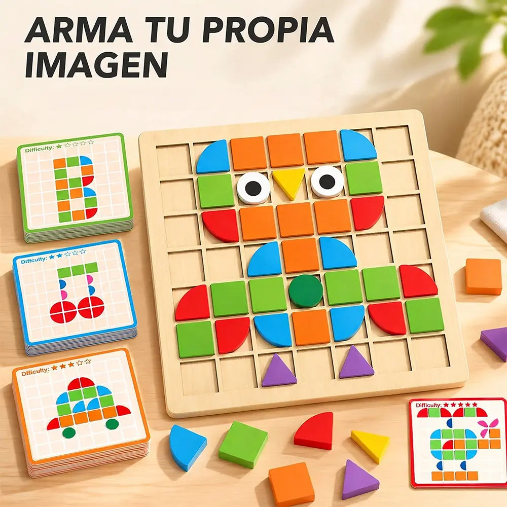 🧩 Dřevěné dětské puzzle – vzdělávací 3D hračka se 120 dílky a kartičkami s předlohami; pomůcka pro rozvoj logického myšlení a rozpoznávání geometrických tvarů 🎨