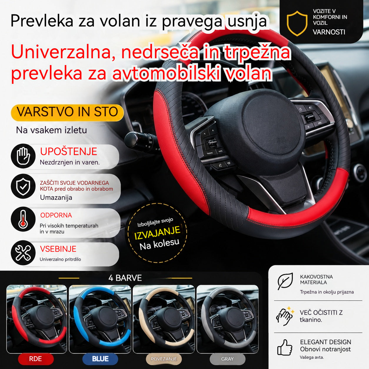 🔥 Prevleka za volan iz pravega usnja – Univerzalna, nedrseča in trpežna prevleka za avtomobilski volan 🚘