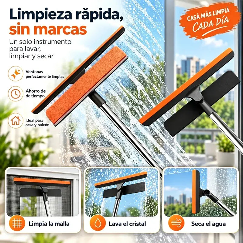 ✨Limpiacristales 3 en 1 con Mango Telescópico – Limpia Cristales, Marcos y Mosquiteros, con Escobilla y Silicona 🧽