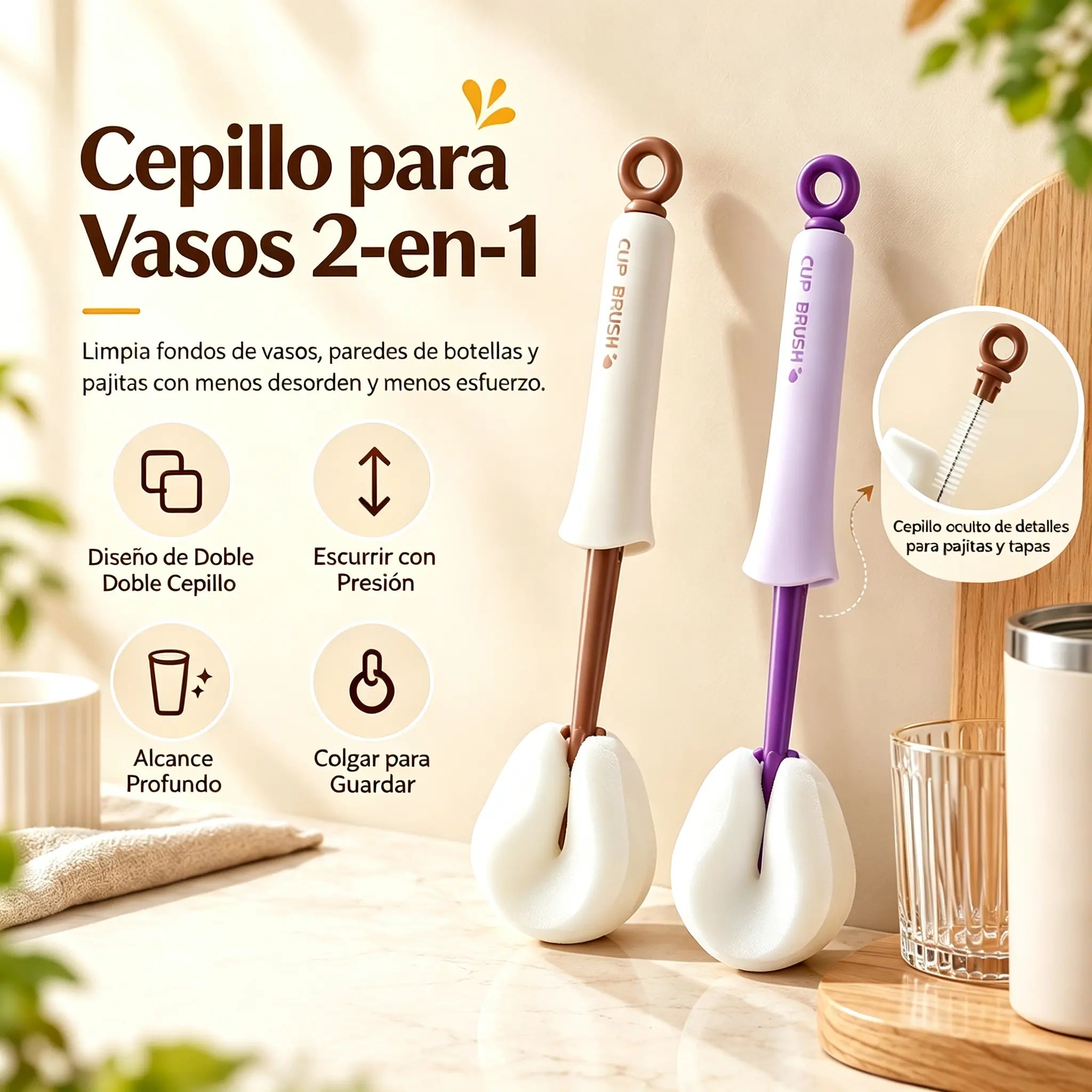 🧽✨ Cepillo 2 en 1 para Tazas y Botellas – Mango Largo con Cepillo de Precisión Integrado para Limpieza Profunda 🍶