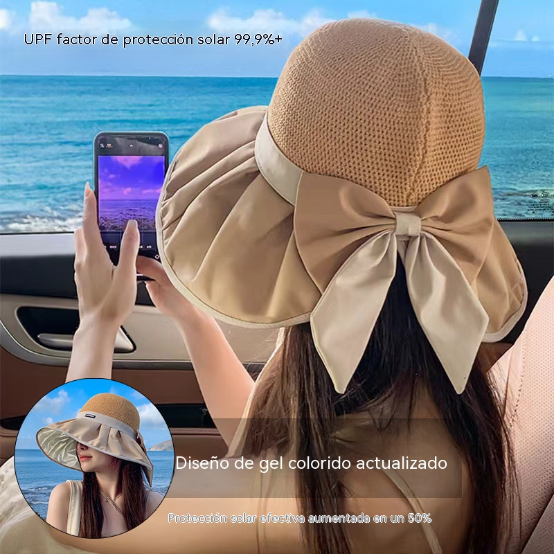 👒🎀Sombrero de sol de punto con lazo – UPF 50+, ala ajustable, perfecto para coletas