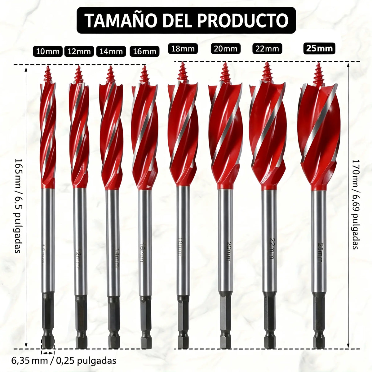 🔩 【8 piezas】🌳 Juego de brocas helicoidales – Acero de alto contenido en carbono, diseño de 4 canales y vástago hexagonal antideslizante – 8 piezas para madera dura, madera blanda y plástico 🛠️