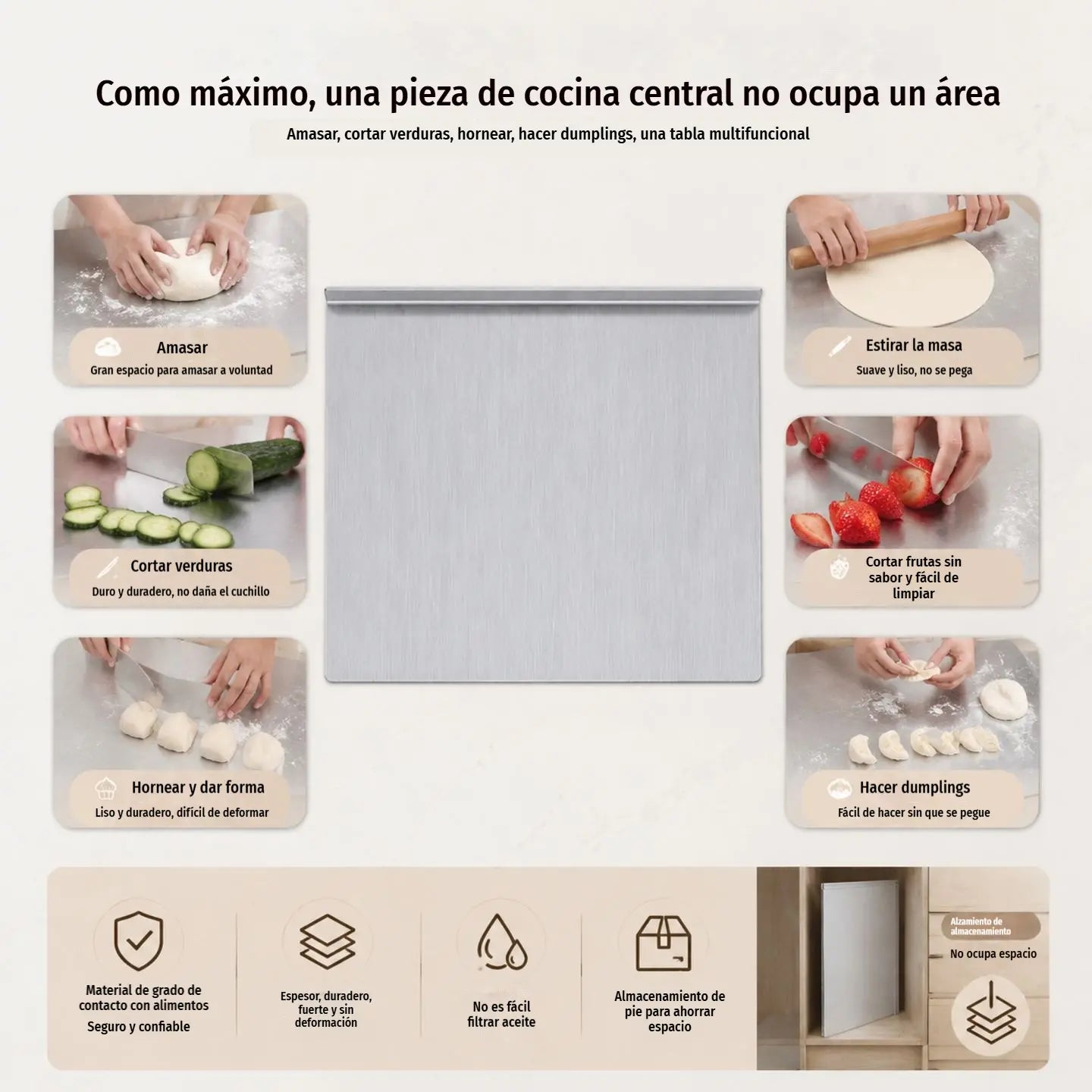 🔪 Tabla de cortar de acero inoxidable con borde plegado – Extra gruesa y multifuncional, ideal para cocina profesional y uso doméstico 🍽️