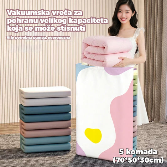 🧳【Set od 5 dijelova】💨 Velika, stlačiva vakuumska vrećica za pohranu: nije potrebna pumpa, nepropusna je i idealna za uštedu prostora u koferima i kod kuće ✈️