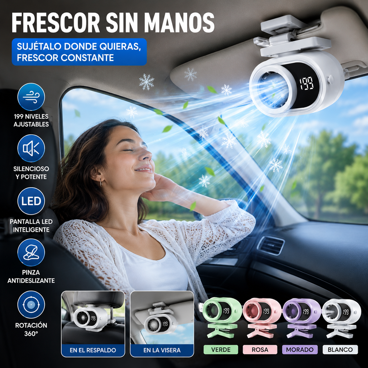 🌀 Ventilador manos libres con pantalla LED, clip integrado y 199 niveles de ajuste