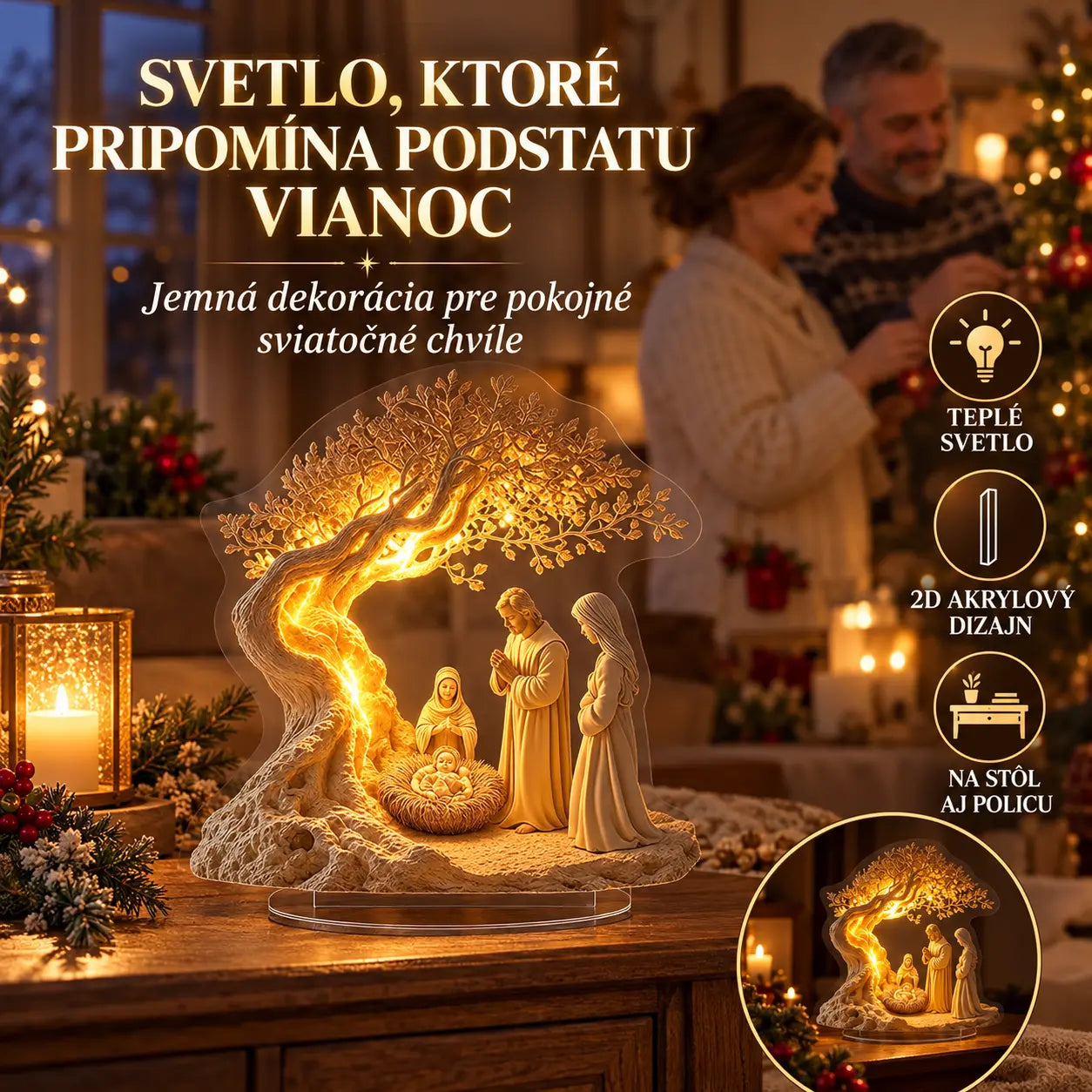 ✨🕯️Stolová dekorácia s motívom Narodenia Pána a stromom života – jemné svetlo pre sviatočnú atmosféru.