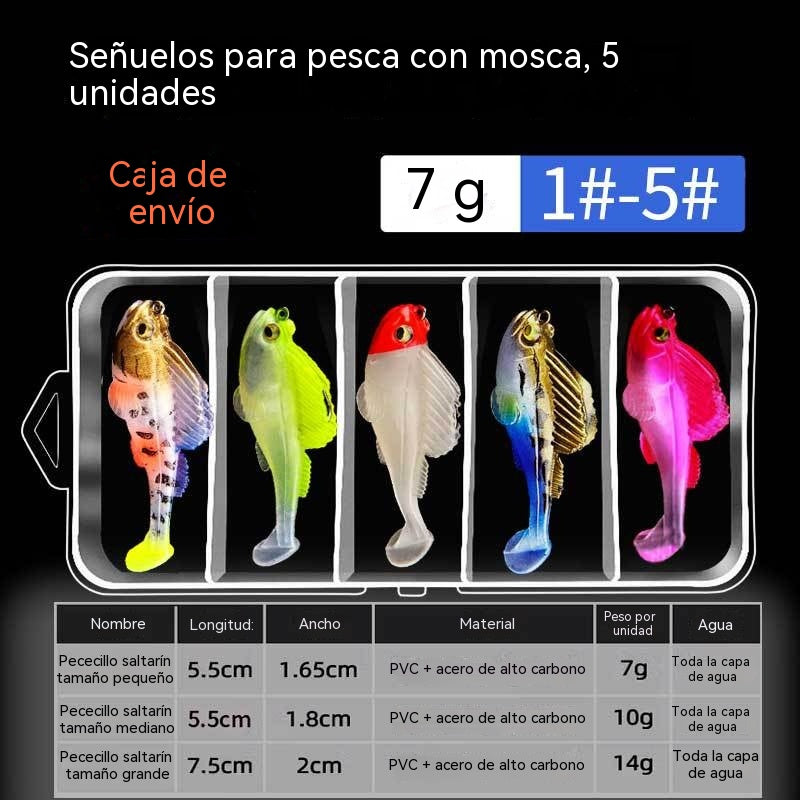 🐟🐠Juego de 5 señuelos blandos con cola en T y caja.