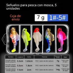 🐟🐠Juego de 5 señuelos blandos con cola en T y caja.