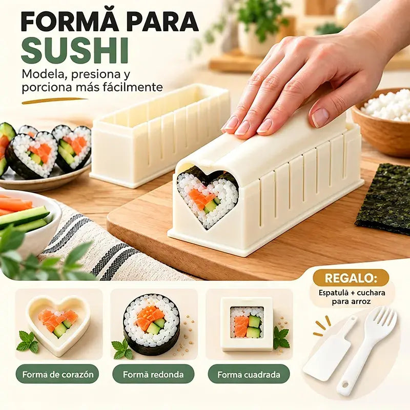 🍣 Kit de moldes para sushi y onigiri – incluye formas de corazón, cuadrado y redondo, guía de corte y accesorios 🍱