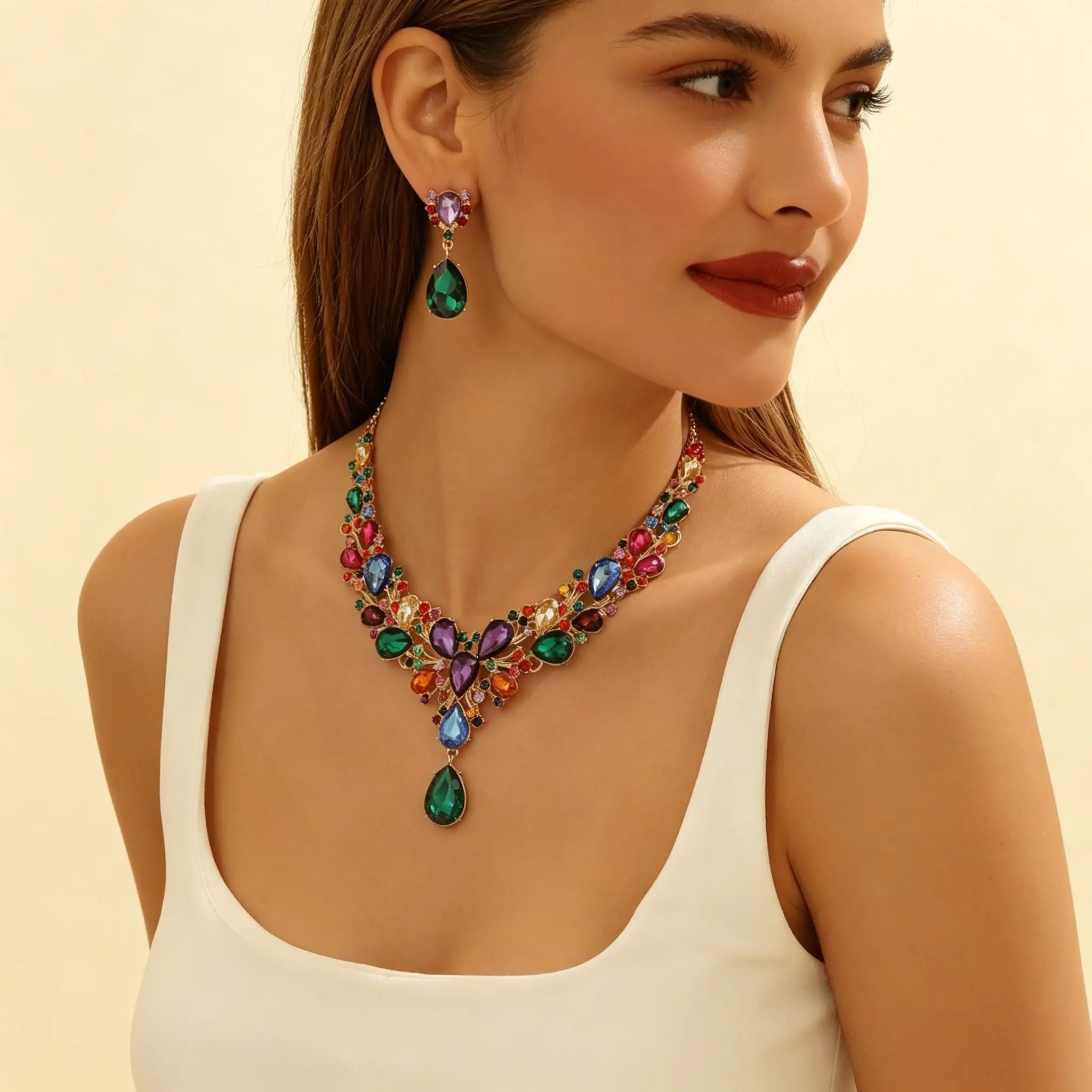 ✨【Collar + Pendientes】💖💎Nuevo conjunto de collar y pendientes de circonita cúbica de colores.
