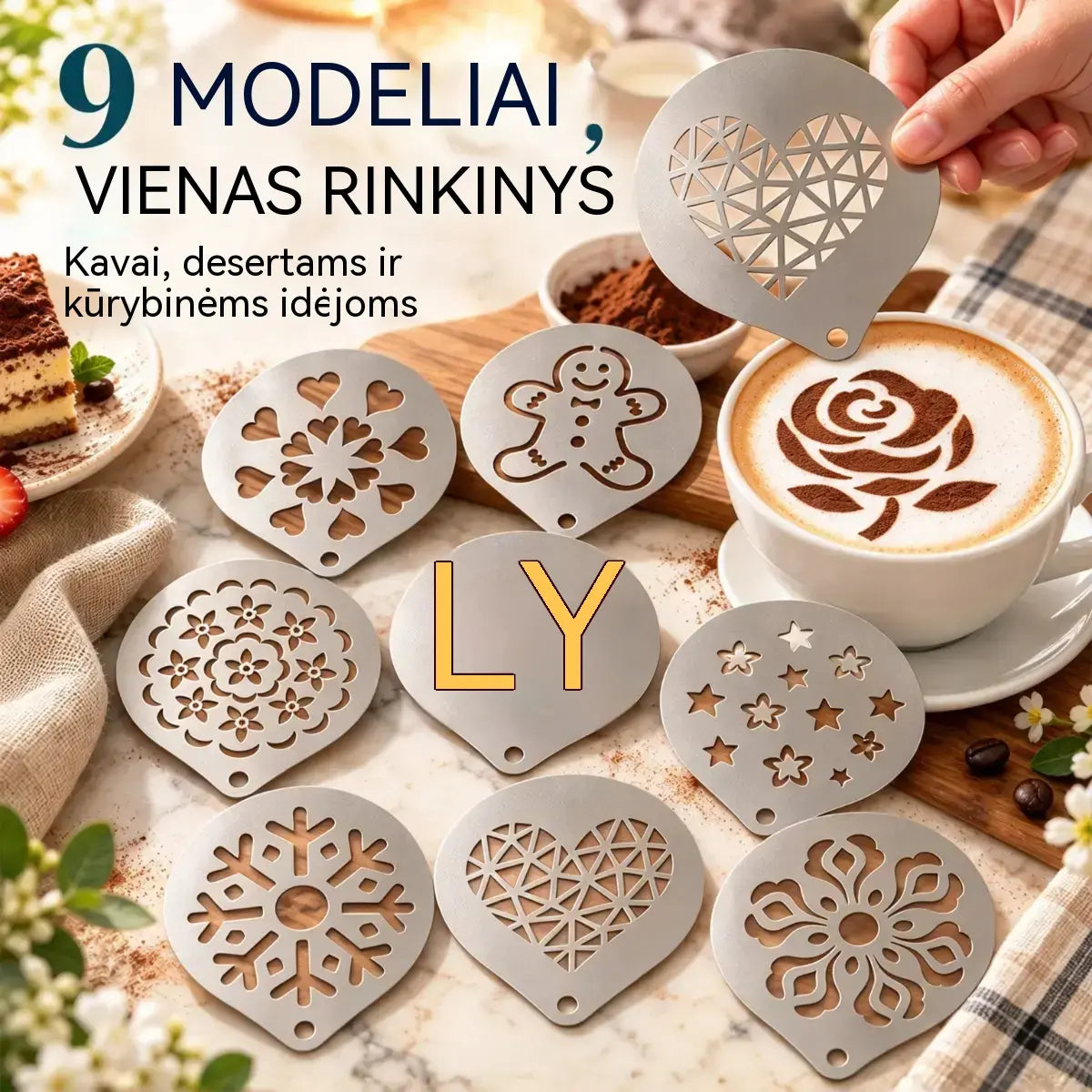 ☕ Nerūdijančiojo plieno trafaretas „latte art“ piešiniams