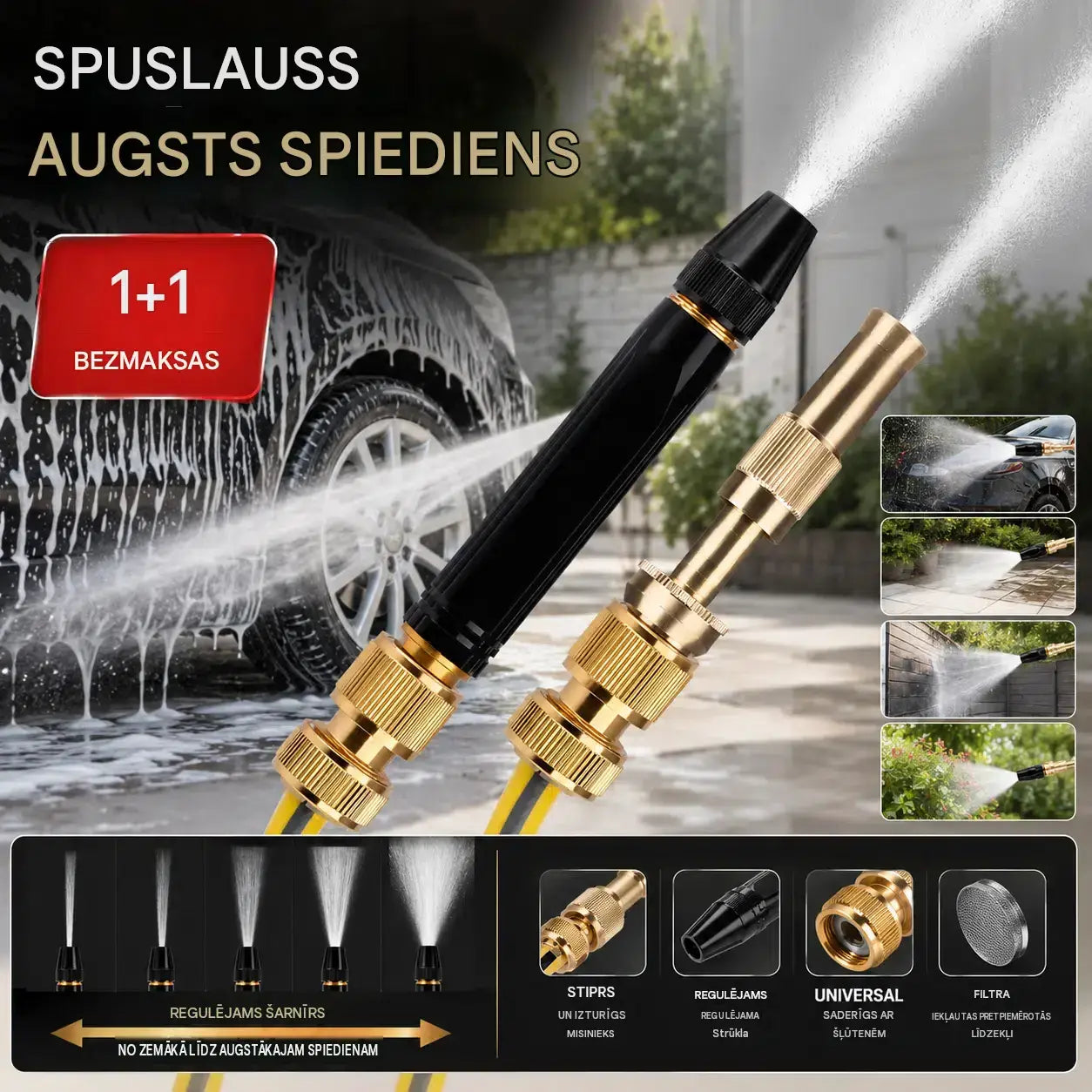 🚿[2 daļu komplekts]💧 Augstspiediena ūdens pistole: automašīnu mazgāšanai un dārza darbiem, 10x lielāks spiediens, vairāki režīmi ⚡