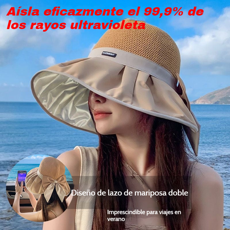 👒🎀Sombrero de sol de punto con lazo – UPF 50+, ala ajustable, perfecto para coletas