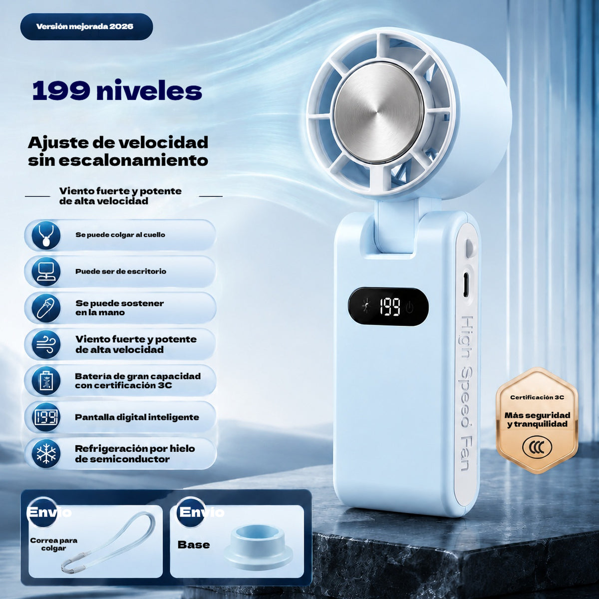 🌀💨 Mini ventilador portátil de refrigeración de semiconductores con pantalla LED
