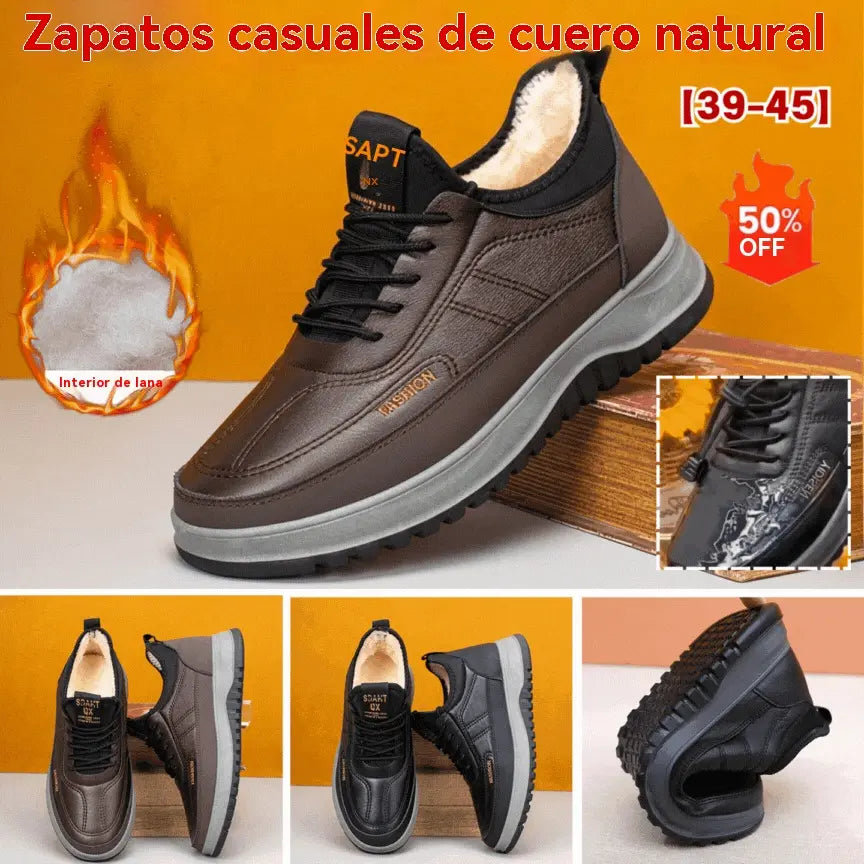 【39-45】Zapatos deportivos casuales de invierno impermeables de cuero genuino para hombre, suela de terciopelo suave, nuevo estilo
