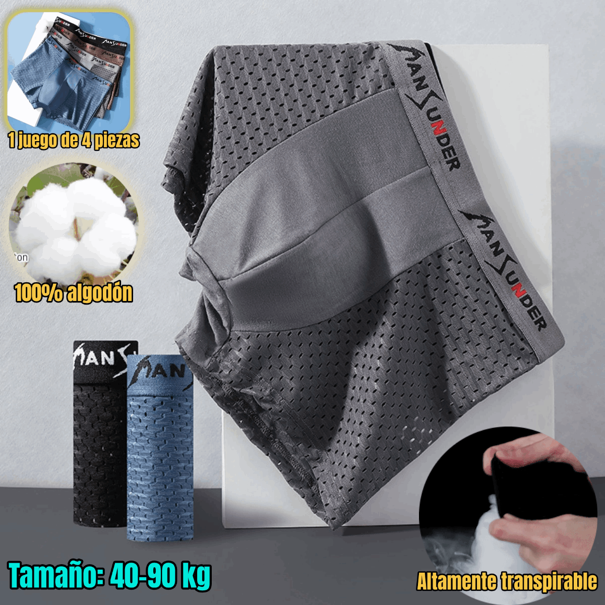 🔥🔥【Juego de 4 piezas】Calzoncillos bóxer elásticos de malla transpirable y cómodos para hombre