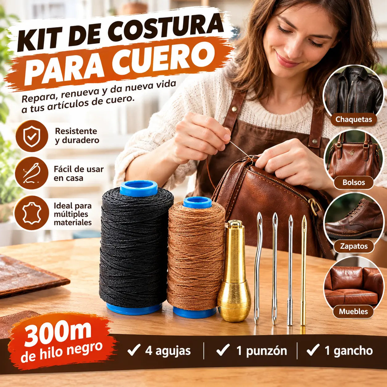 ✨¡50% DE DESCUENTO AHORA!✨ Juego de 5 piezas de lezna para coser cuero con hilo encerado: herramientas de costura manual para marroquinería.