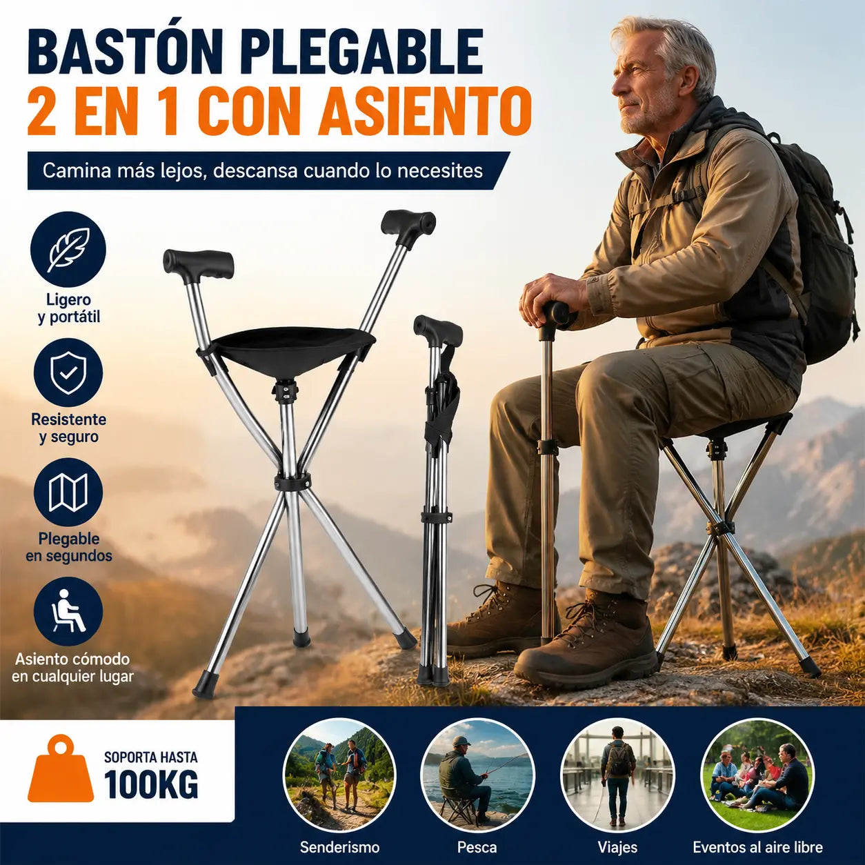 ✨Bastón plegable 2 en 1 con asiento, resistente a caídas, plegable y portátil✅ Ideal para senderismo o para que lo usen personas mayores en sus viajes.