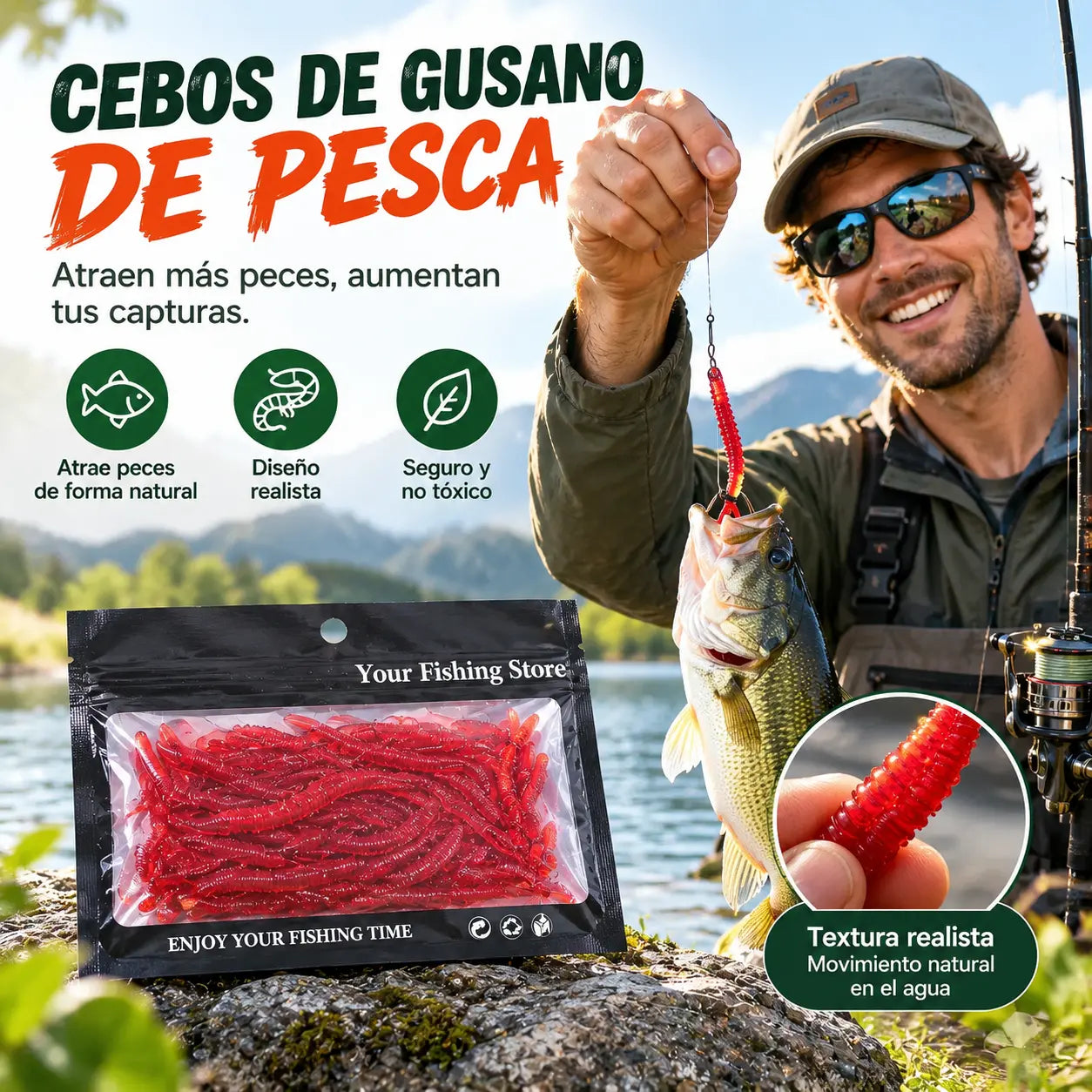 📢📢¡50% de descuento! 【Paquete de 100】⏰ Cebo suave realista con forma de lombriz de tierra, cebo artificial con sabor a camarón, apto para uso en agua dulce y salada.