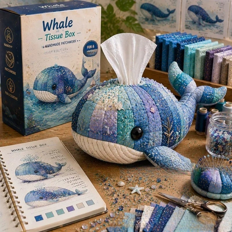 🧵✨ Kit DIY para caja de pañuelos de patchwork – set de costura artesanal con temática marina 🌊🐚