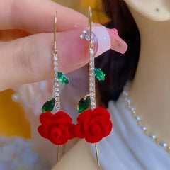 Oferta relámpago【2 pares】Pendientes de rosa roja con tallo de cristal