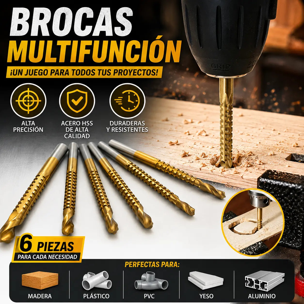 🛠️🔧(6 piezas)Broca helicoidal de acero de alta velocidad con revestimiento de titanio 2 en 1 – Vástago hexagonal, adecuada para taladrar y ranurar madera y metal🔩