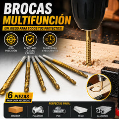 🛠️🔧(6 piezas)Broca helicoidal de acero de alta velocidad con revestimiento de titanio 2 en 1 – Vástago hexagonal, adecuada para taladrar y ranurar madera y metal🔩