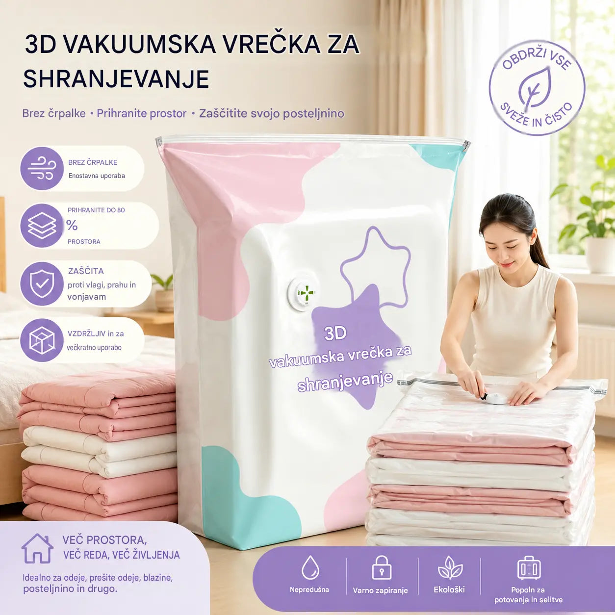 🧳【5-delni komplet】💨 Velika, stisljiva vakuumska vrečka za shranjevanje: črpalka ni potrebna, neprepustna in idealna za prihranek prostora v kovčkih in doma ✈️