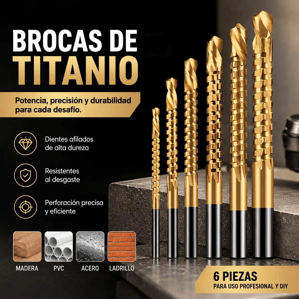 【Juego de 6 piezas】⚙️ Juego de brocas helicoidales: fabricadas en acero rápido, con recubrimiento de titanio y aptas para diversos materiales 🧰