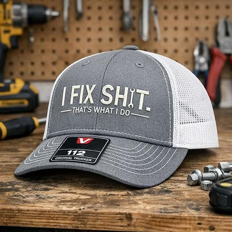 🧢 OFERTA ESPECIAL: ¡50% DE DESCUENTO EN TODAS LAS GORRAS! ✨ Gorra de camionero con bordado "I Fix Shit" – Malla transpirable, protección solar y ajustable 🛠️