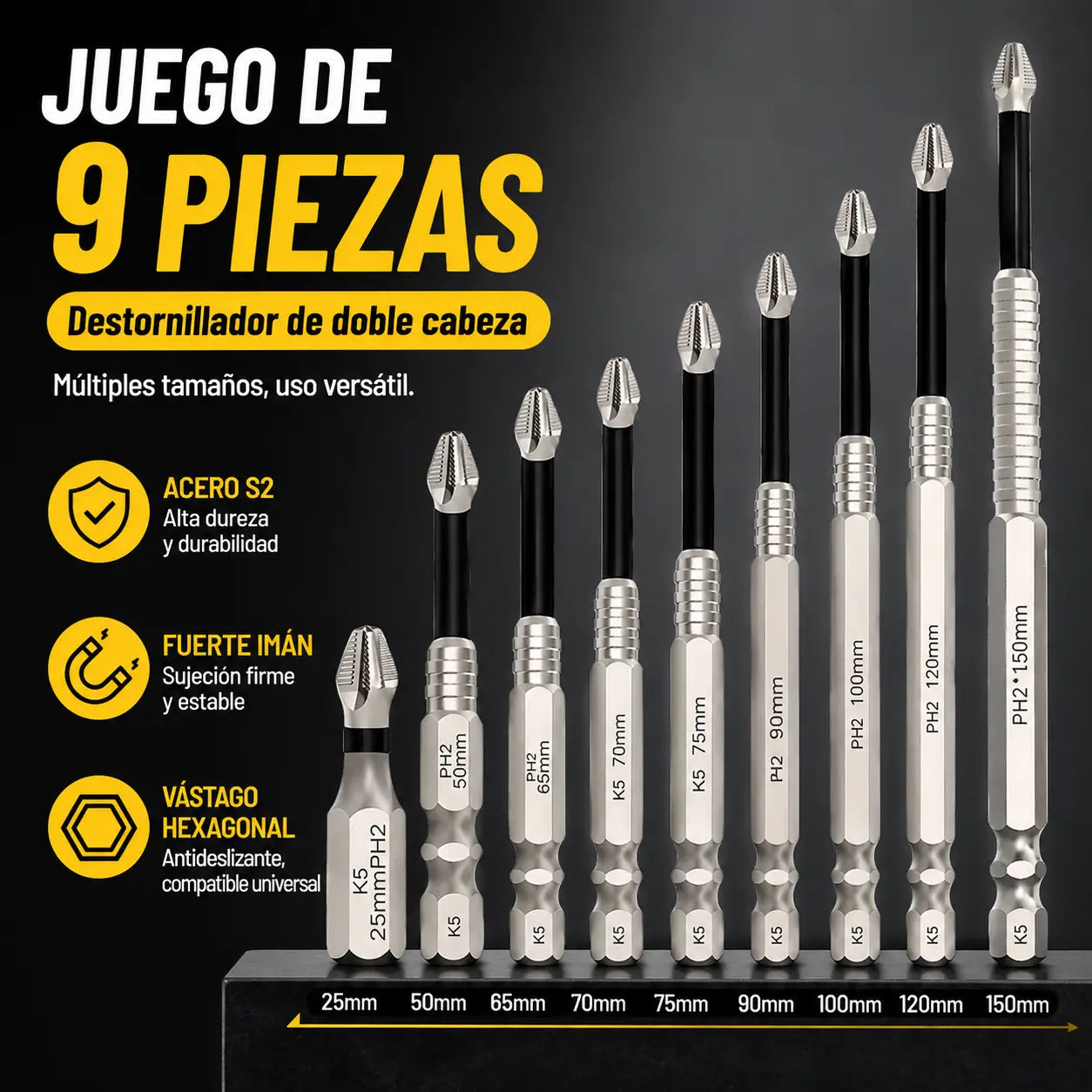 🧰⚒️ 【Puntas de destornillador antideslizantes K5 [25-150L] Juego de nueve piezas】Destornillador Phillips antideslizante, taladro eléctrico magnético súper duro y potente