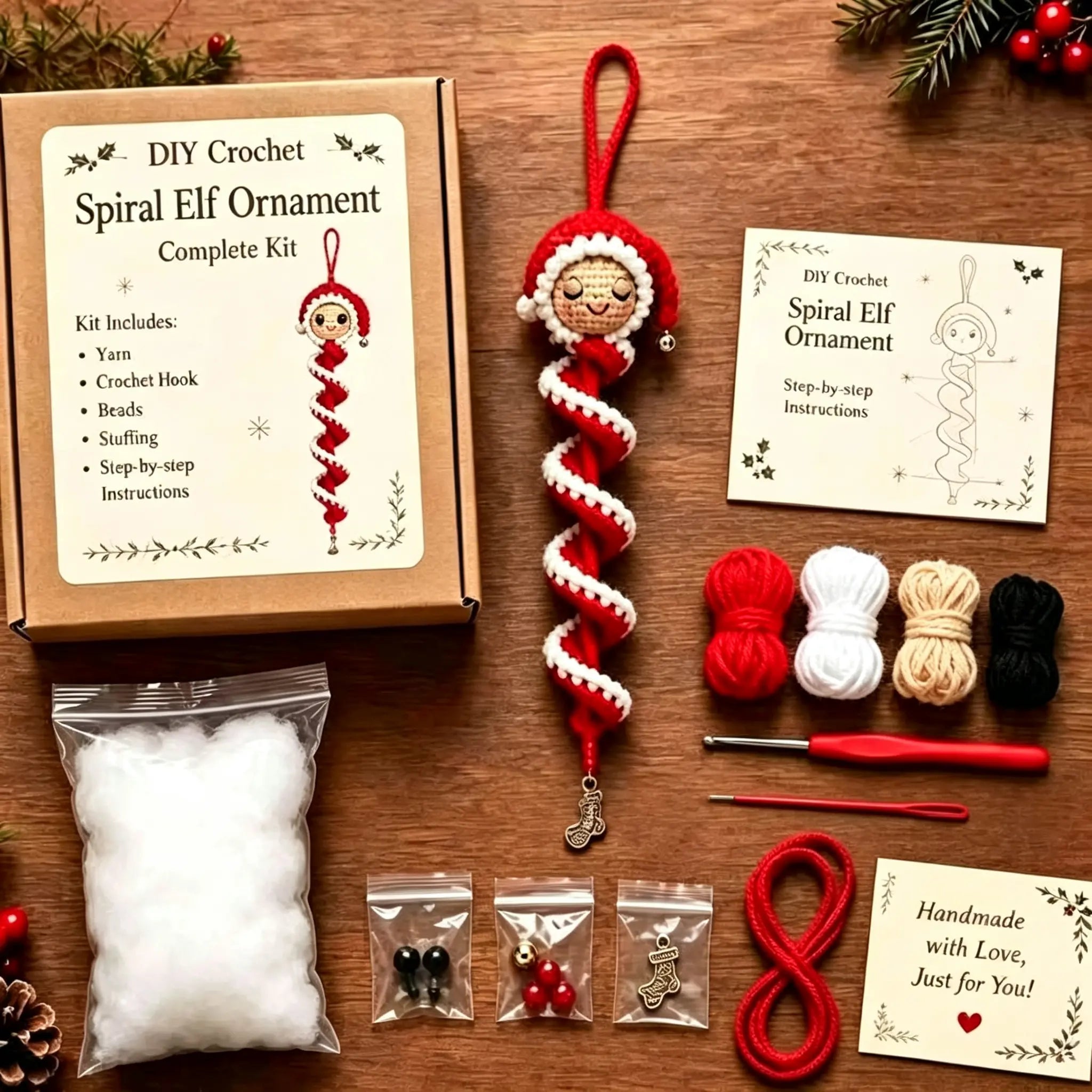 ⛄️🎄Kit para hacer un adorno de muñeco de nieve en espiral a crochet (incluye hilo suave, aguja de crochet, cuentas navideñas, decoraciones de copos de nieve e instrucciones paso a paso)