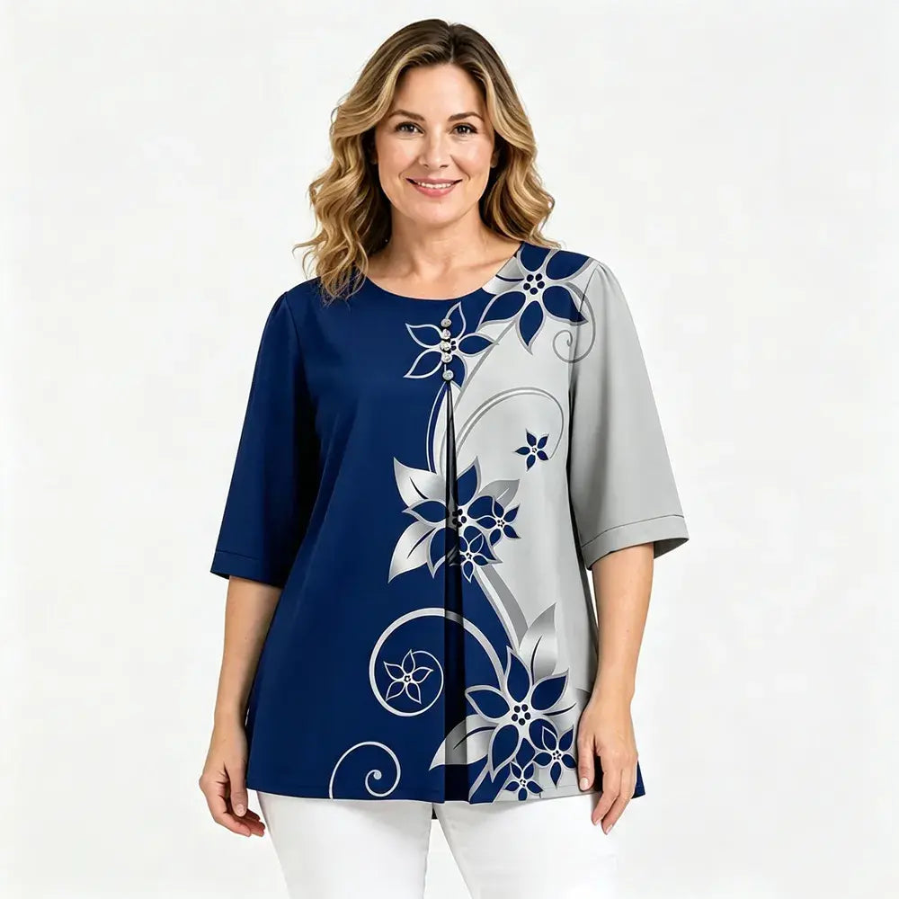 🔥【Oferta por tiempo limitado】【M-5XL】✨Blusa holgada de mujer de manga 3/4 con estampado, cuello redondo, estilo casual y elegante