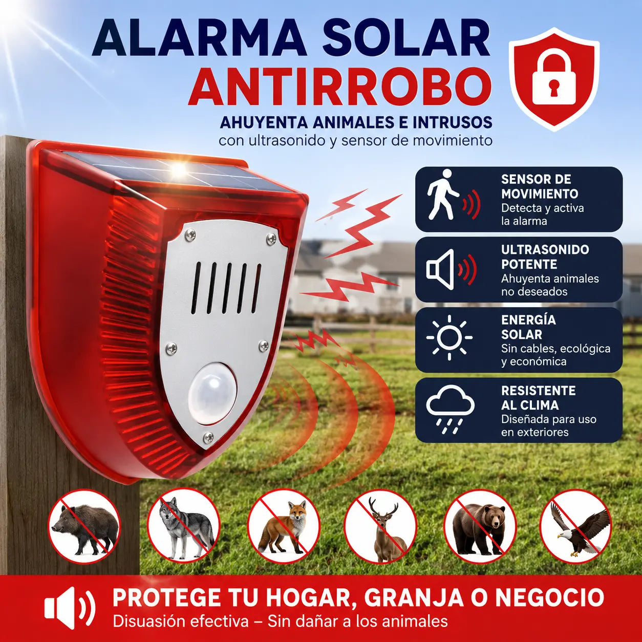 Alarma solar, luz de alarma antirrobo con sensor de cuerpo humano, repelente de animales ultrasónico