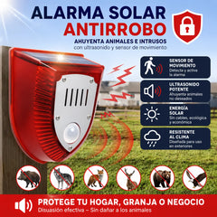 Alarma solar, luz de alarma antirrobo con sensor de cuerpo humano, repelente de animales ultrasónico