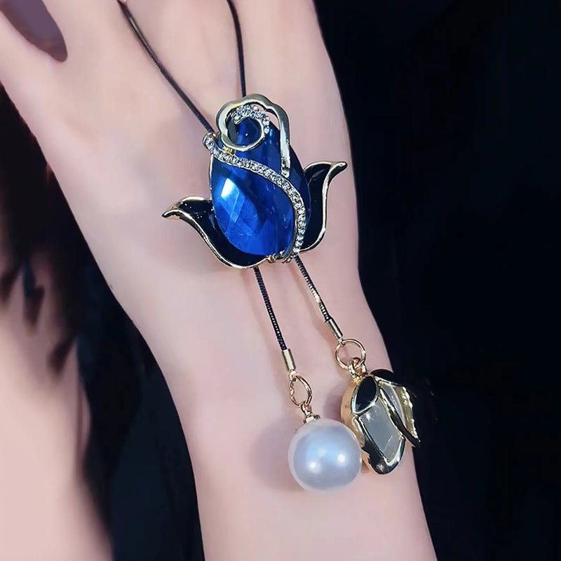 💝【2 piezas】✨Collar largo de tulipán con ojo de gato, cadena para suéter, accesorios de ropa