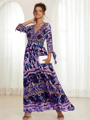 💟【S-5XL】👗Vestido largo con cuello en V y volantes florales para mujer, novedad de verano 2024, estilo bohemio para vacaciones