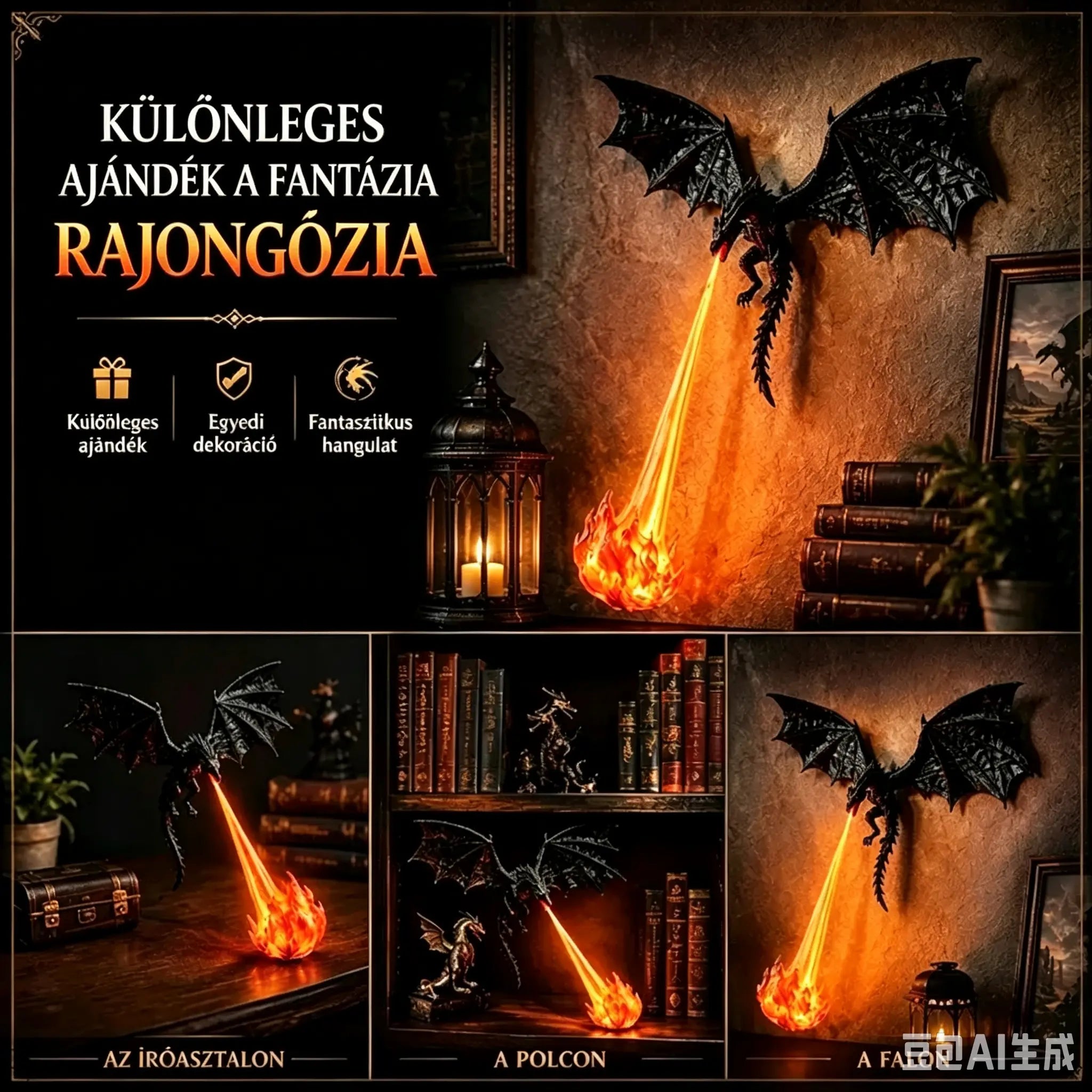 🐉🔥 3D tűzokádó sárkány LED fény | Fantázia világító könyvespolc dekoráció