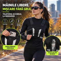 🏃 Chaleco para correr y practicar deportes con bolsillo frontal · Compartimento para el móvil con cremallera · Soporte trasero para botella de agua · Detalles reflectantes para la noche · ¡Malla transpirable y correas ajustables!