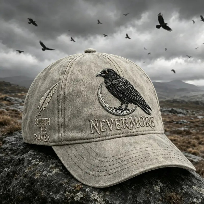 🐦‍⬛🧢 Gorra vintage Nevermore Raven | Sombrero gótico para amantes de las aves(Circunferencia de la cabeza aproximada: 56-60 cm)