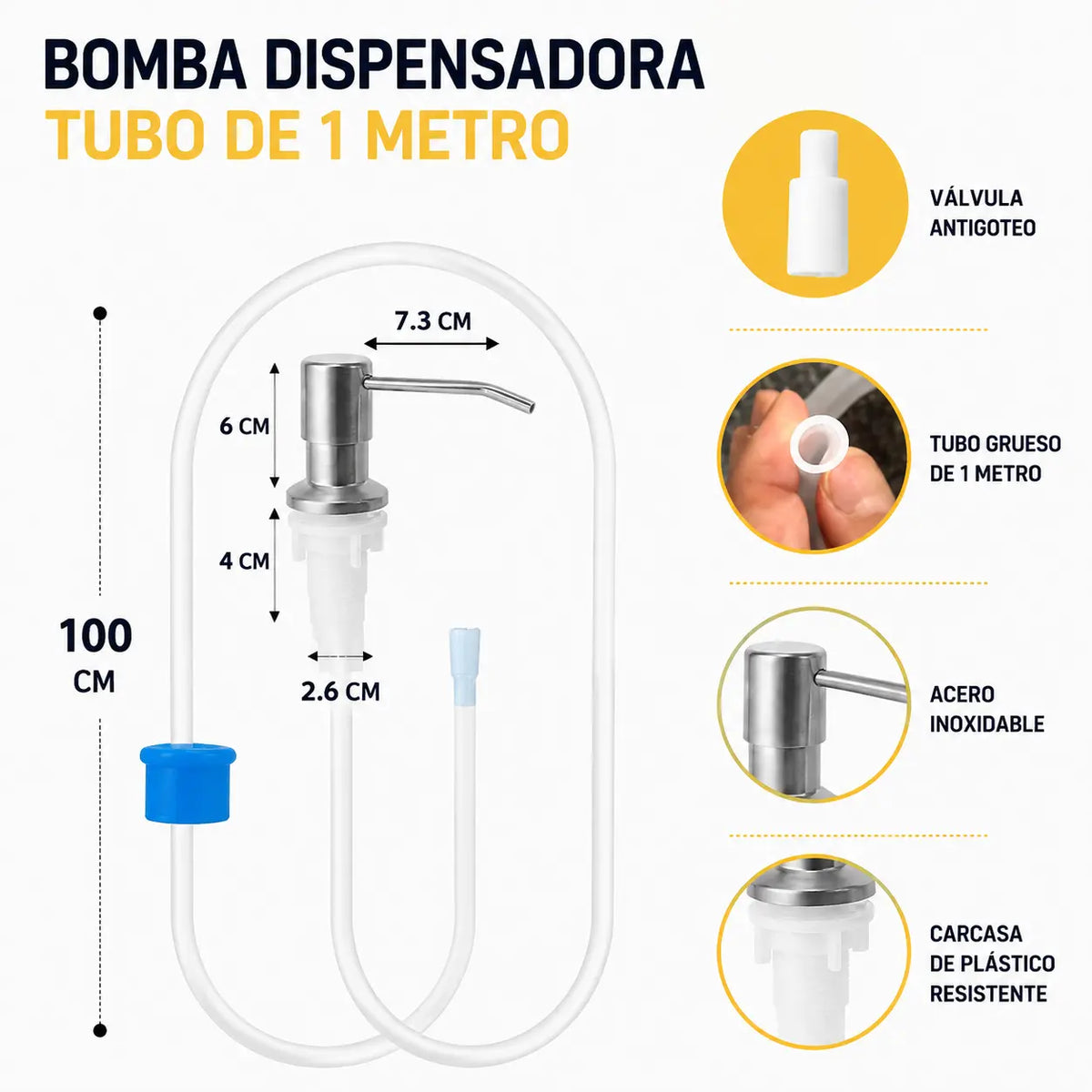 Dispensador de jabón para fregadero de cocina con tubo extensor y bomba de acero inoxidable integrada.