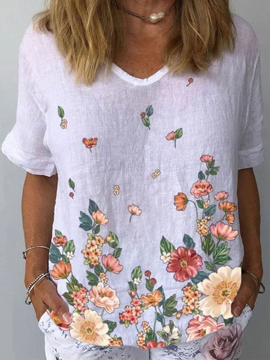 【39%OFF】【S-5XL】🌈Camiseta de manga corta de lino y algodón con estampado floral💐