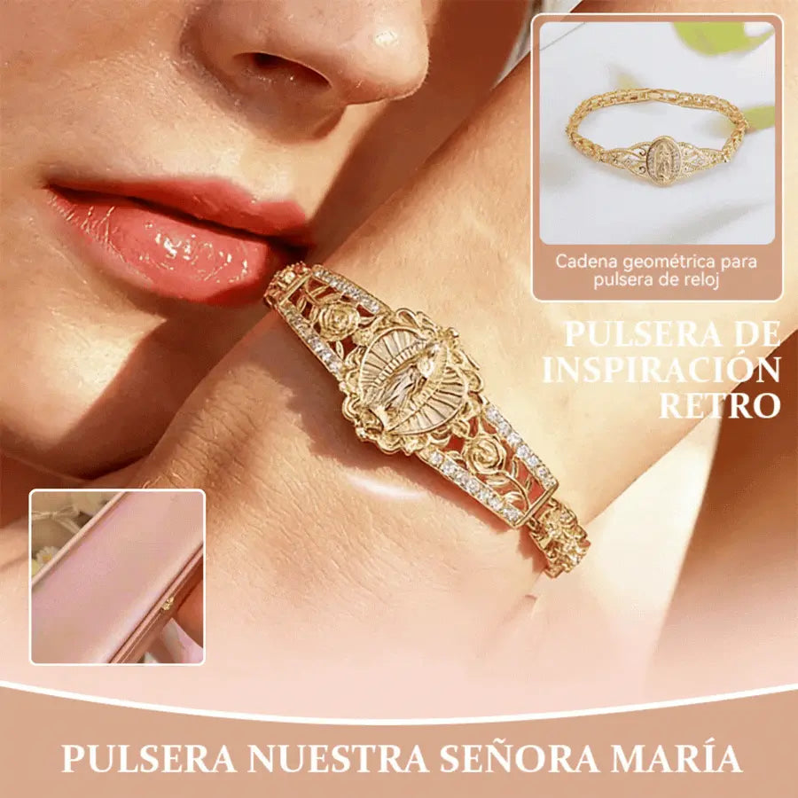 Pulsera de la Virgen María con flores caladas en oro