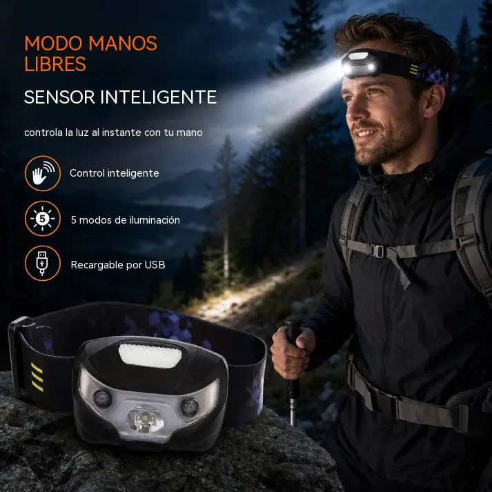 🔦💡📢 1 piezas 26 euro ⏰ Linterna frontal con sensor inteligente: manos libres, 5 modos de iluminación, recargable por USB, IPX4.