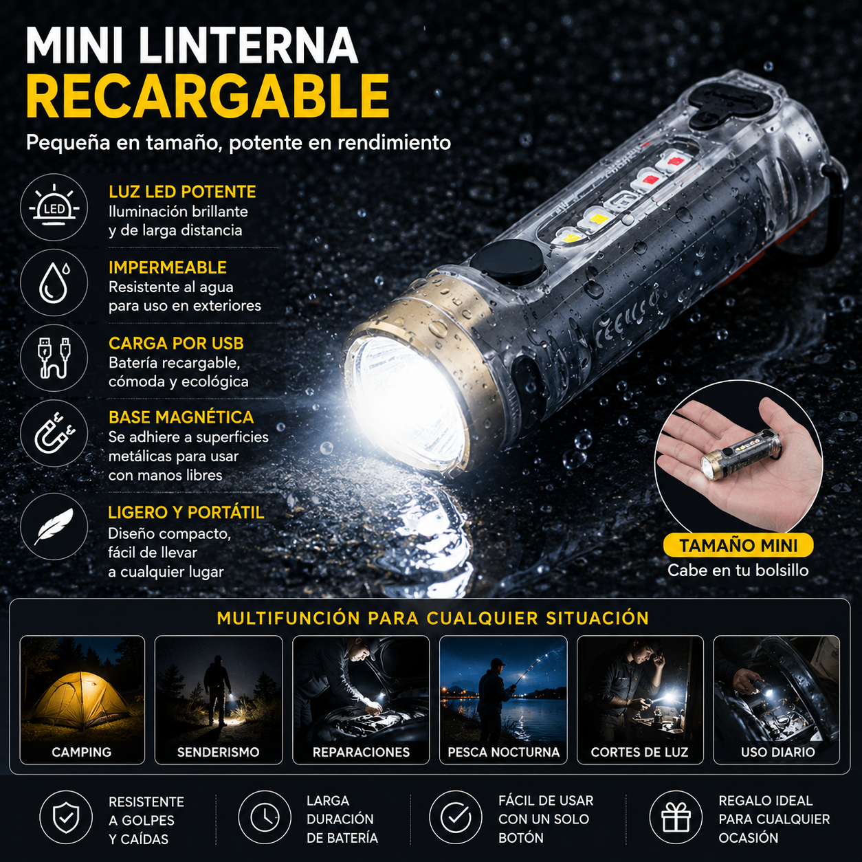 ✨☀️Una linterna compacta de alta intensidad con luz lateral multifuncional. Se carga rápidamente mediante USB-C, es portátil y tiene una batería de larga duración.