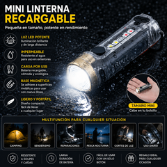 ✨☀️Una linterna compacta de alta intensidad con luz lateral multifuncional. Se carga rápidamente mediante USB-C, es portátil y tiene una batería de larga duración.