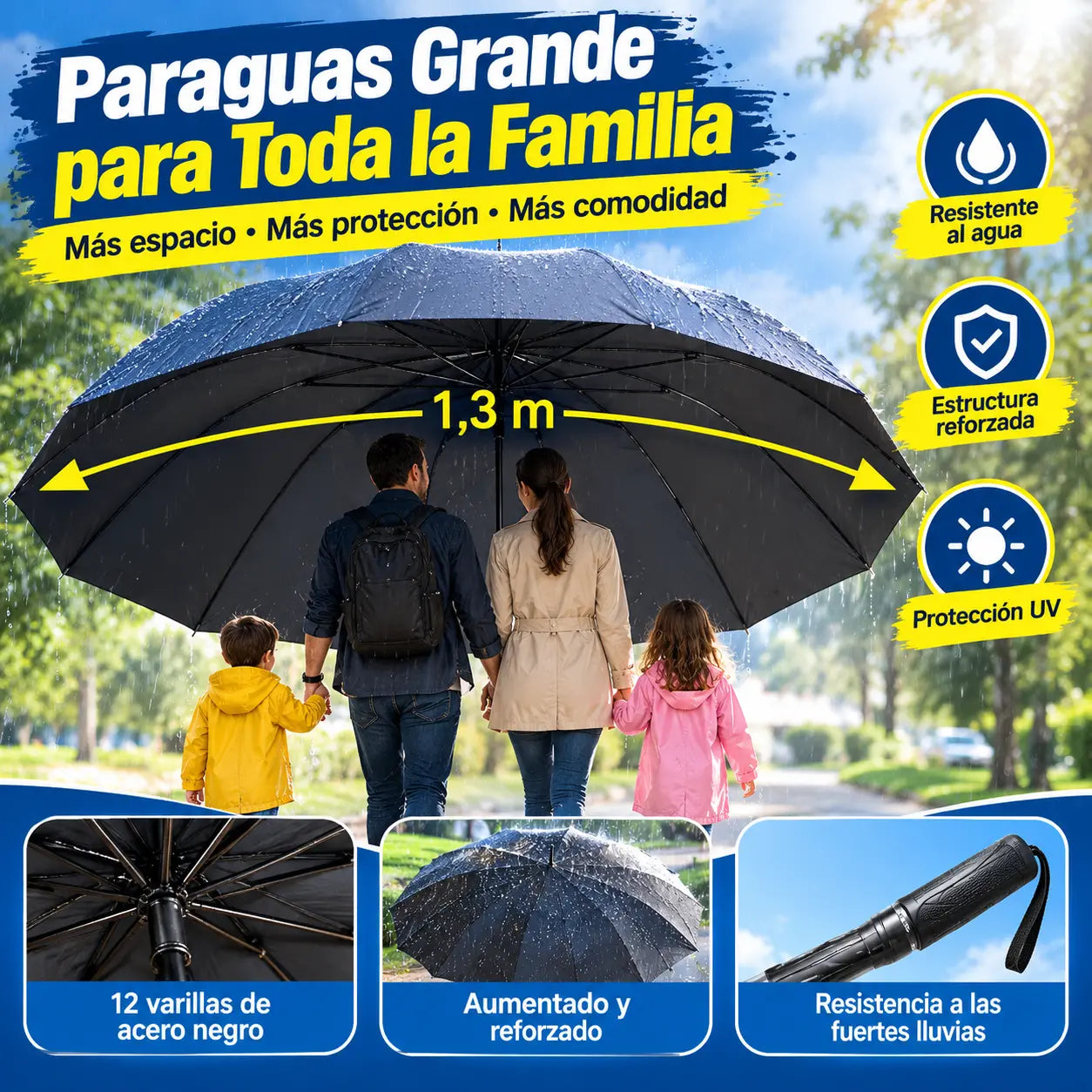 ☔ Paraguas Plegable de 12 Varillas – Resistente al Viento, Impermeable y Ligero para Lluvia y Sol 🌞
